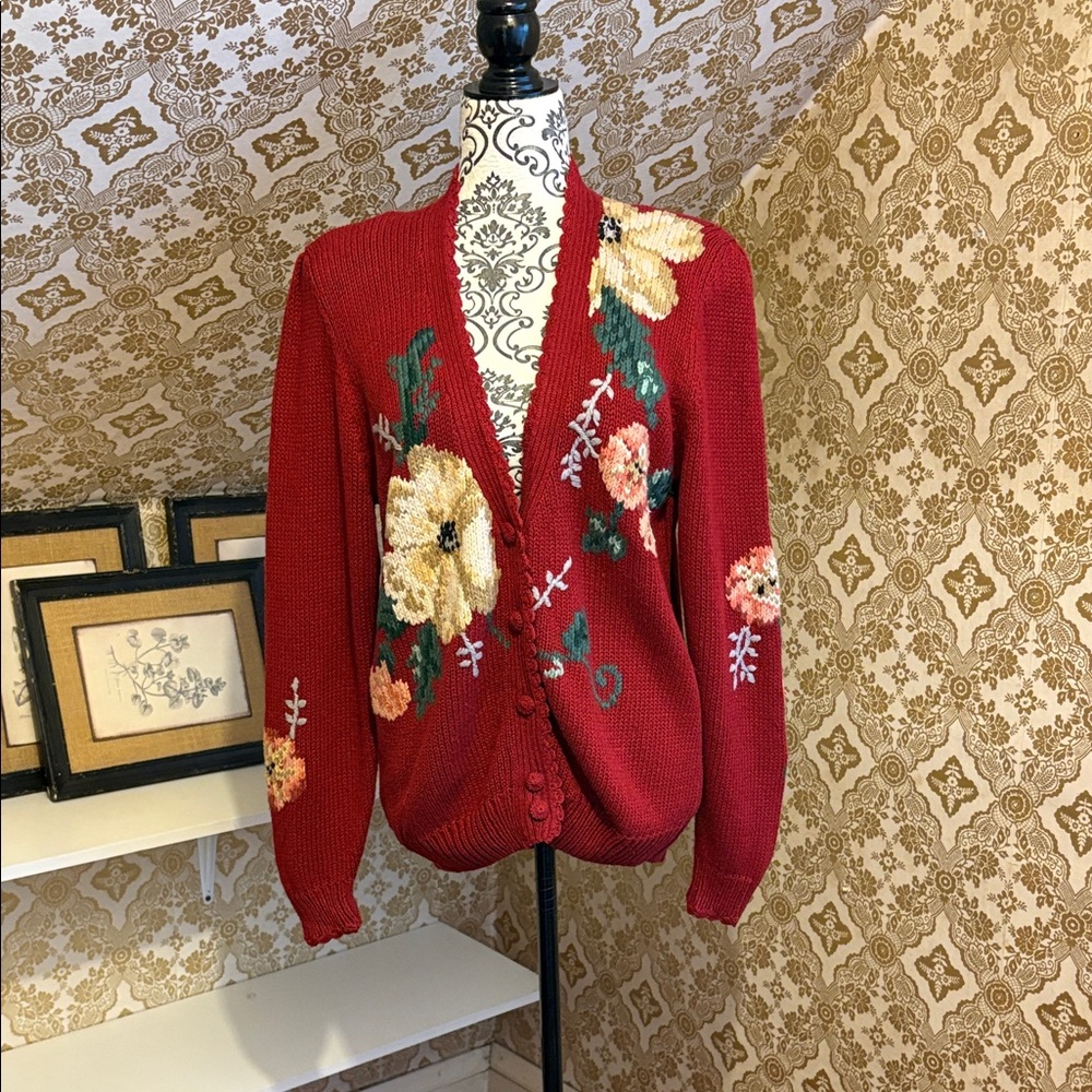 Floral Embroidered Red Cardigan Sweater